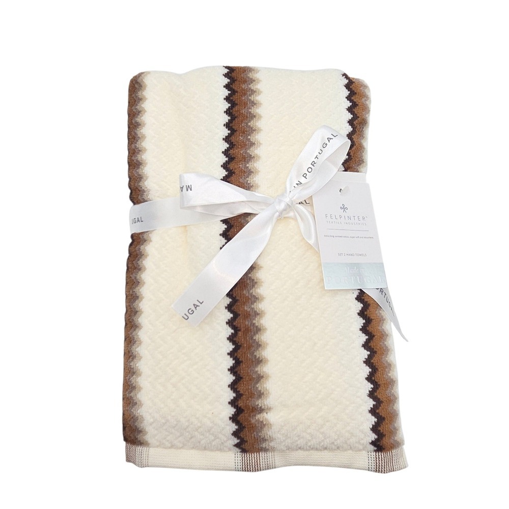 Felpinter 6pc Cotton Bath Hand Towel Set Chevron Stripe Cream Brown Portugal - Picture 10 of 16